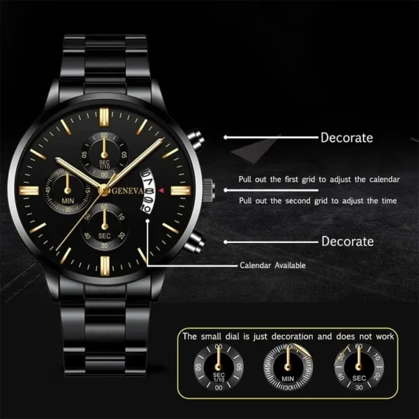 Fashion Men Black Stainless Steel Watch - Image 2