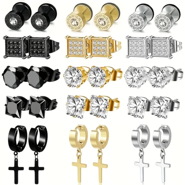 15 Pairs Stainless Steel Earrings Cross Dangle Hinged Earrings