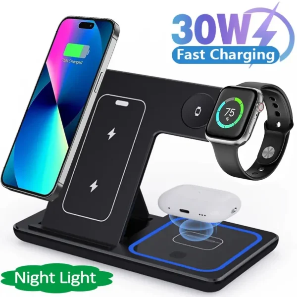  LED Fast Wireless Charger Stand 3 in 1 Foldable Charging Station 